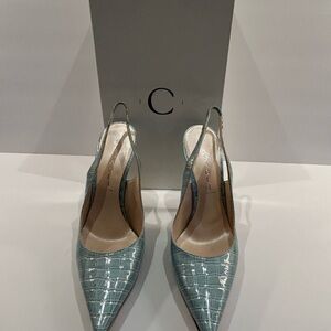 Casadei Light Blue Croc-Embossed Slingback Heels